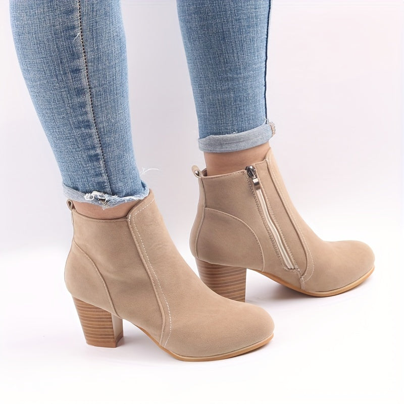 Darcie | Women's Block Heel Ankle Boot with Side Zip - Beige - Image 1