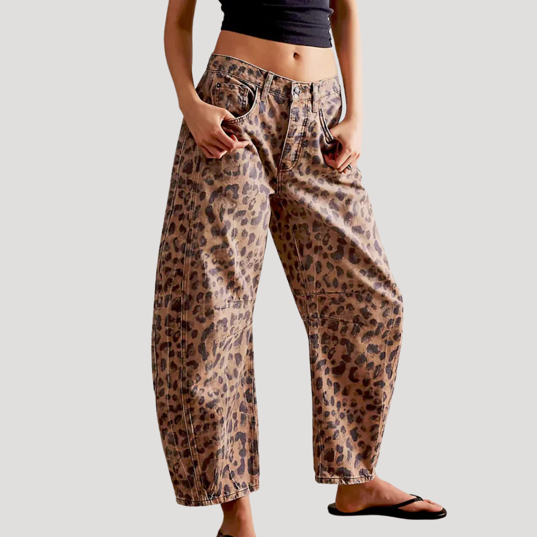 Daria | Women's Leopard Print Barrel Leg Jeans - Leopard - Image 1