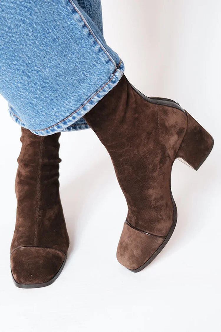 Darla | Women's Suede Ankle Boot with Block Heel - Dark Brown - Image 1