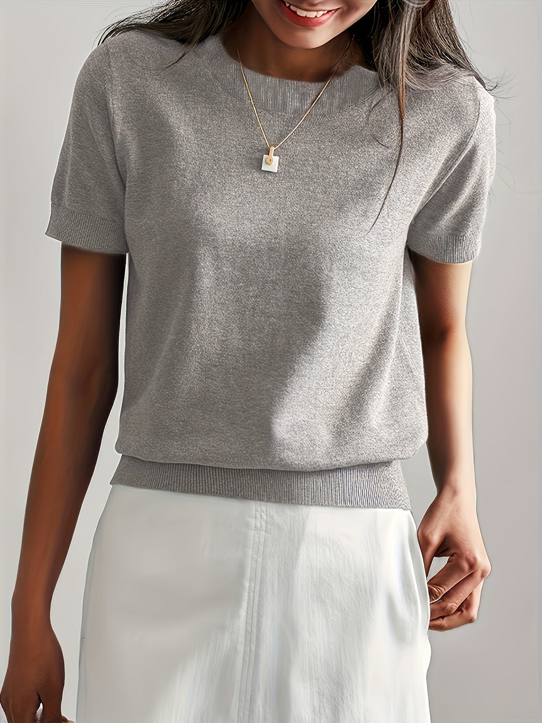 Deirdre | Women's Crew Neck Short Sleeve Knit Top - Light Grey - Image 1