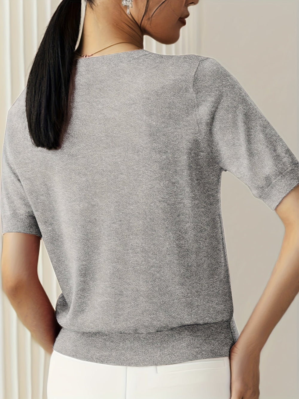 Deirdre | Women's Crew Neck Short Sleeve Knit Top - Light Grey - Image 2