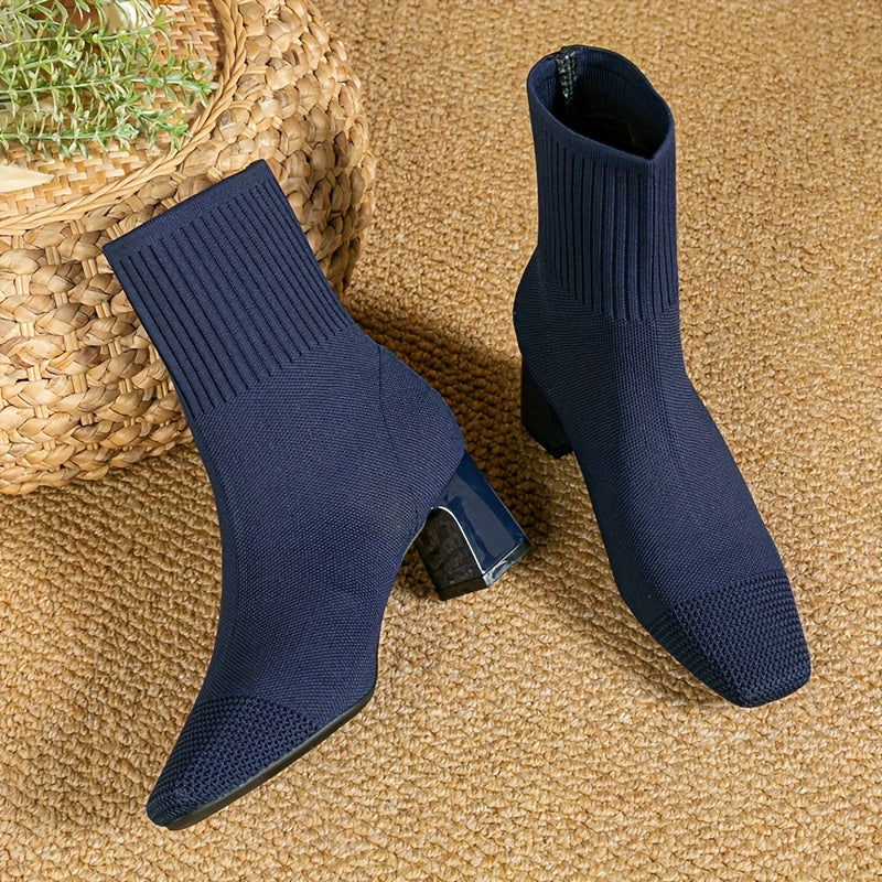 Delara | Women's Knit Ankle Boot with Block Heel - Navy - Image 1