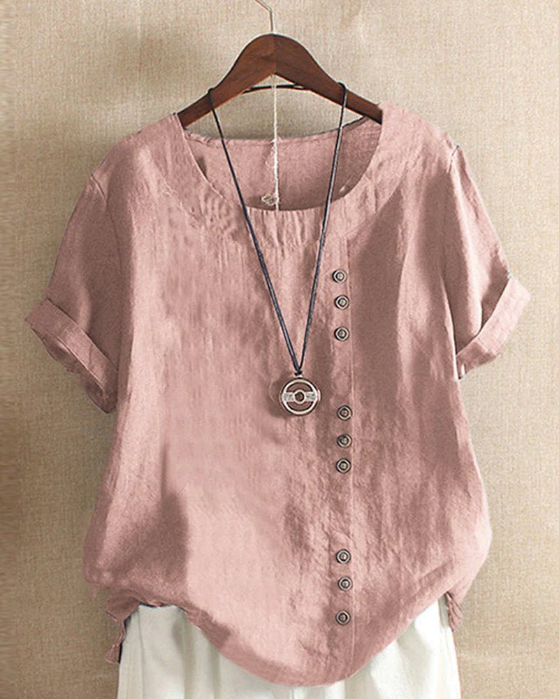 Delphia | Women's Button Front Crew Neck Short Sleeve Top - Image 1