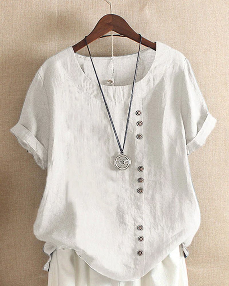 Delphia | Women's Button Front Crew Neck Short Sleeve Top - Image 2