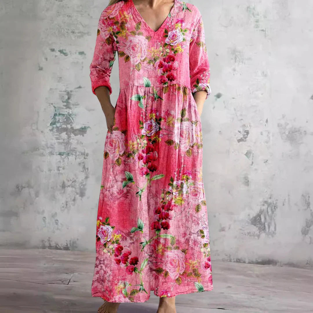Delphia | Women's Floral V-Neck 3/4 Sleeve Maxi Dress - Floral - Image 1