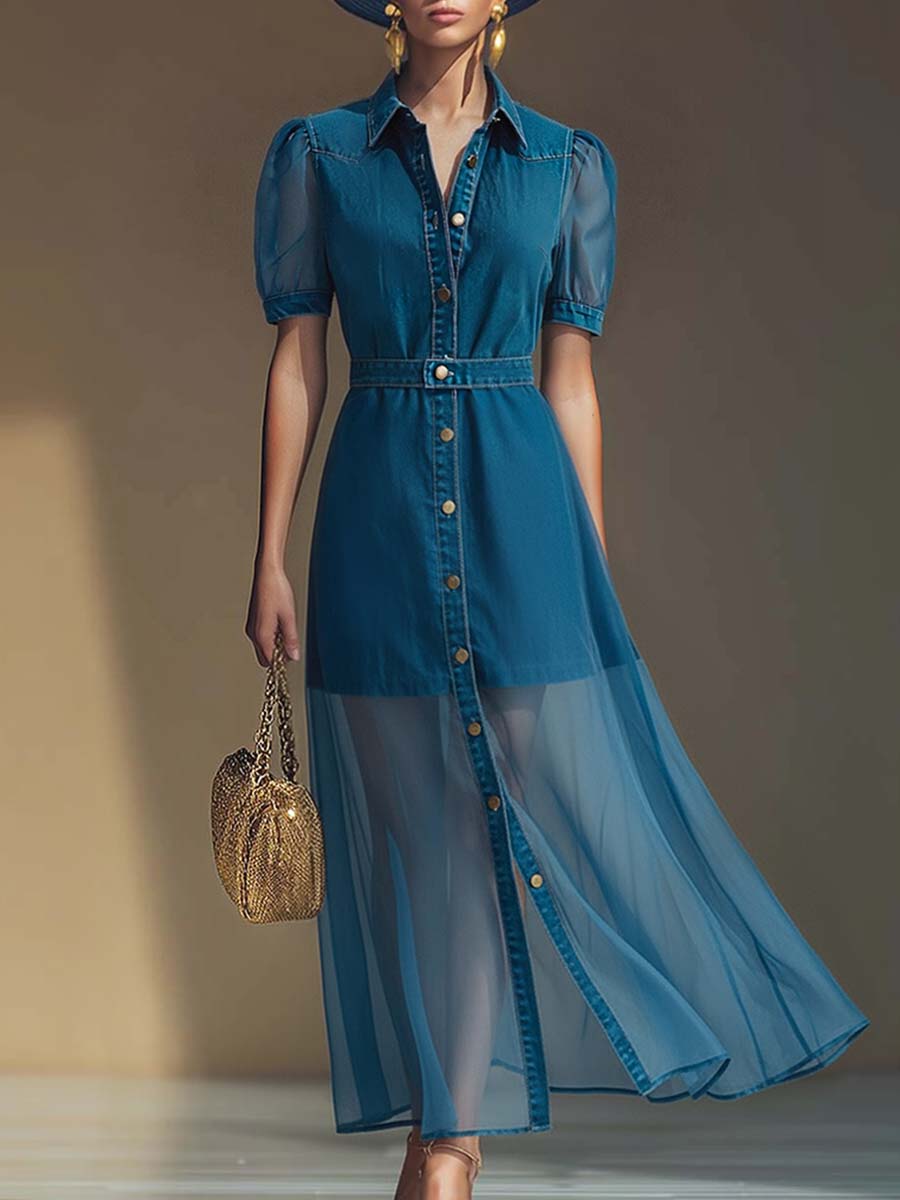 Delphine | Women's Collared Button Front Denim Maxi Dress - Blue - Image 1