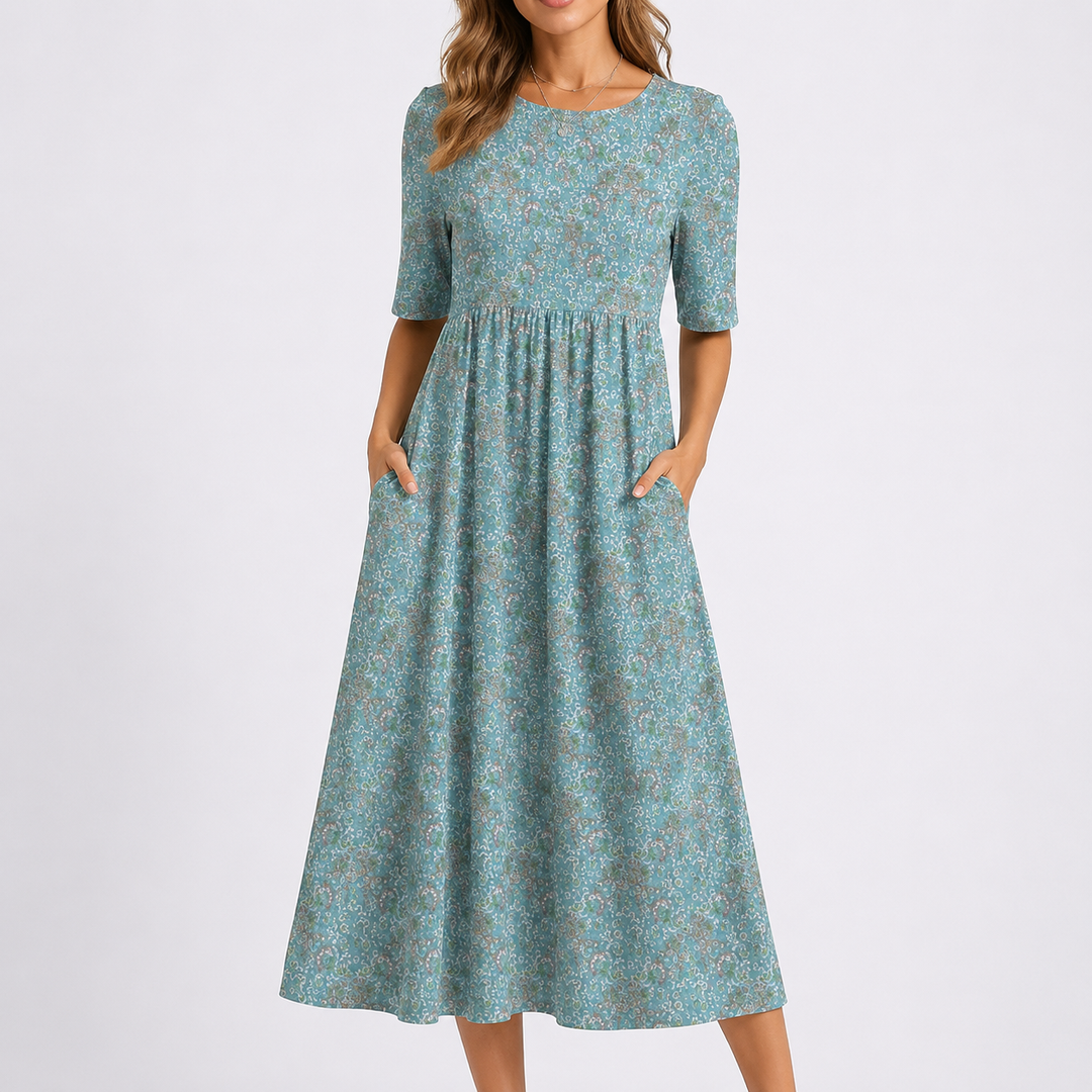 Delphine | Women's Floral Print Short Sleeve Midi Dress - Teal - Image 1
