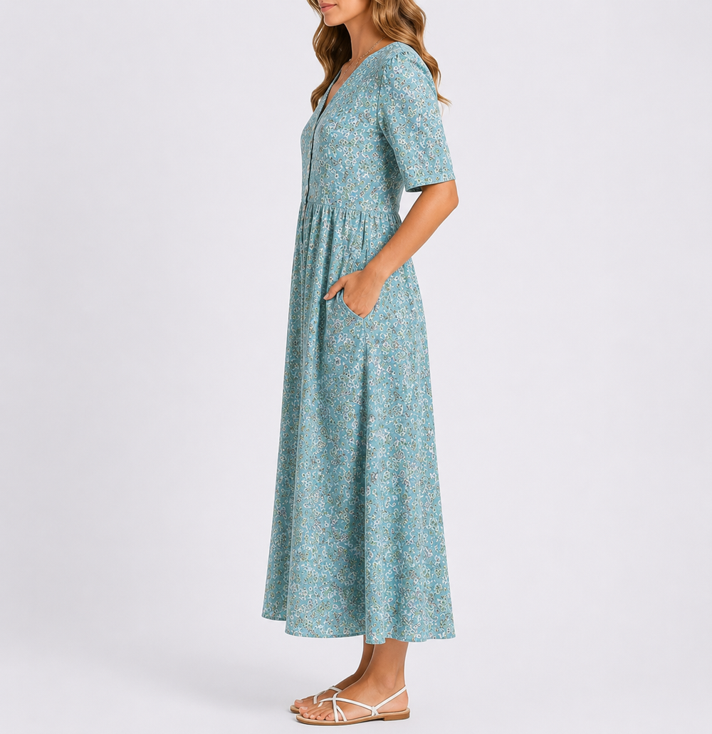 Delphine | Women's Floral Print Short Sleeve Midi Dress - Teal - Image 2
