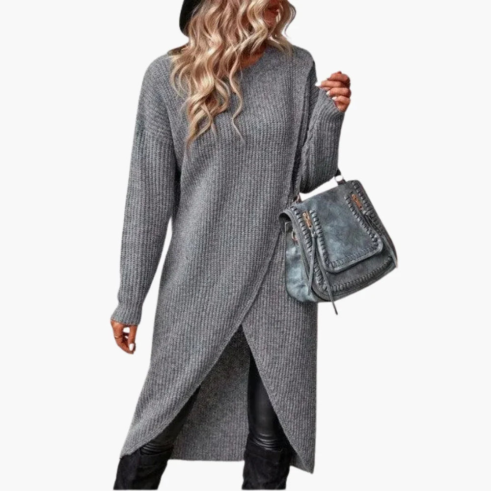 Delvara | Women's Sweater Dress Midi Knit Wrap Front - Grey - Image 2