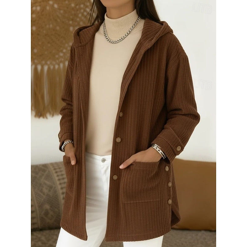 Delvine | Women's Hooded Ribbed Knit Coat - Brown - Image 1
