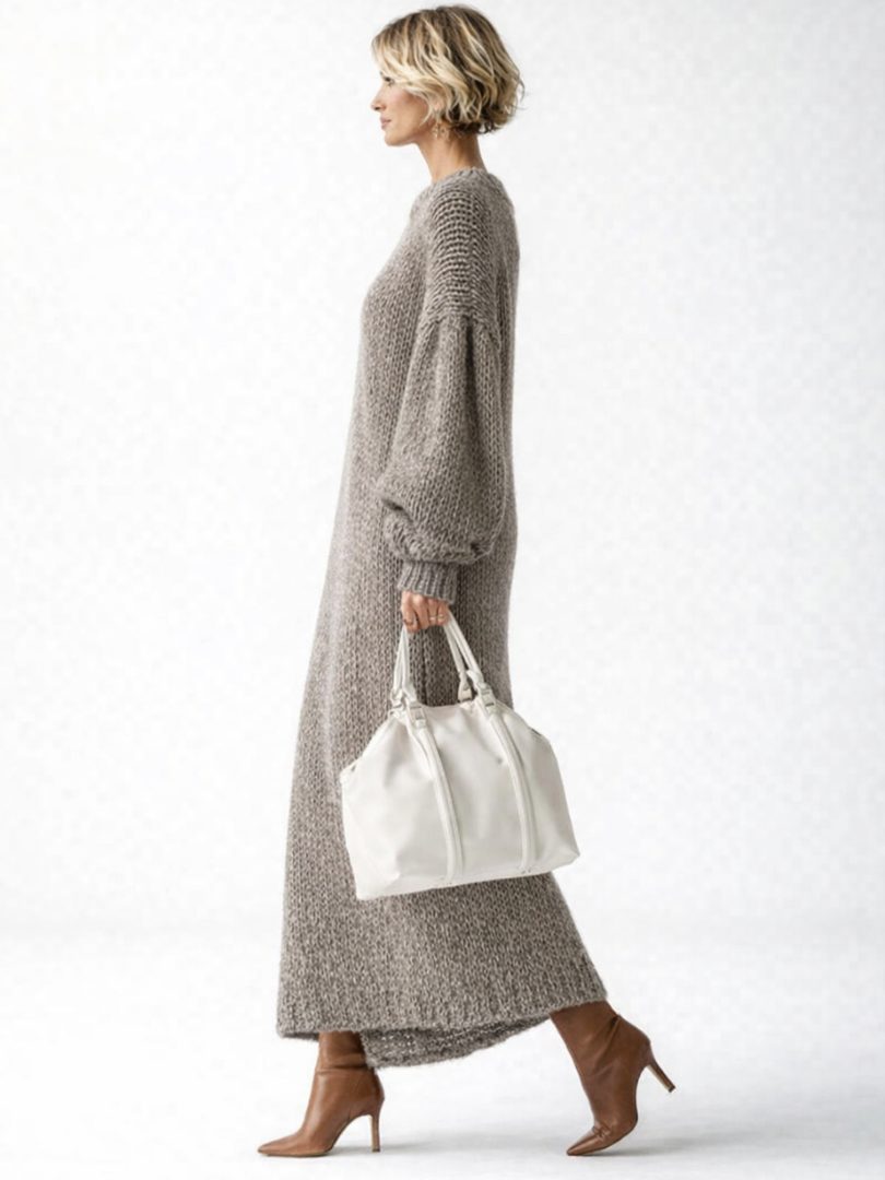 Delvorne | Women's Oversized Knit Maxi Sweater Dress - Taupe - Image 2