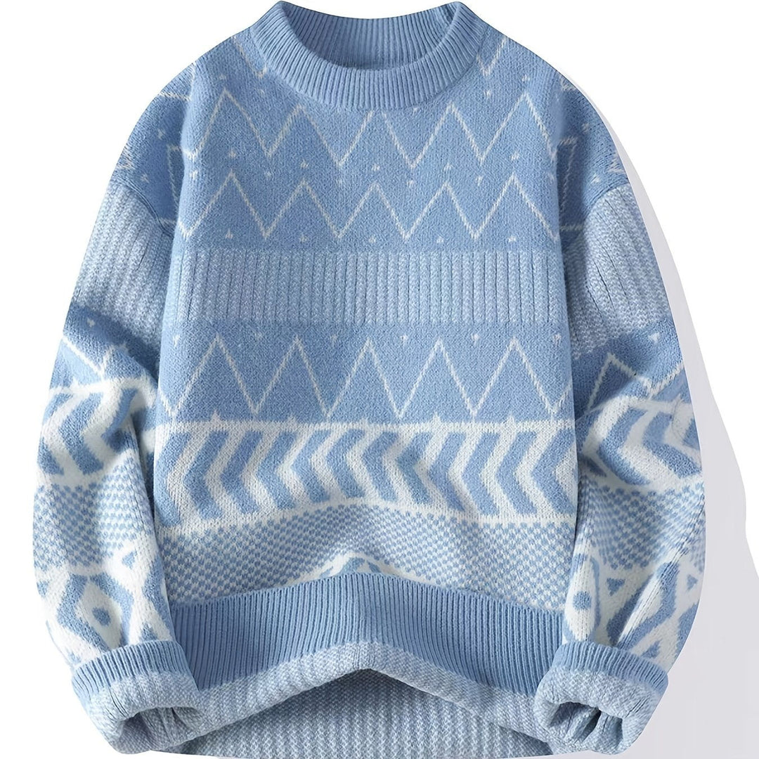 Denholm | Men's Knit Sweater Geometric Crew Neck - Light Blue - Image 1