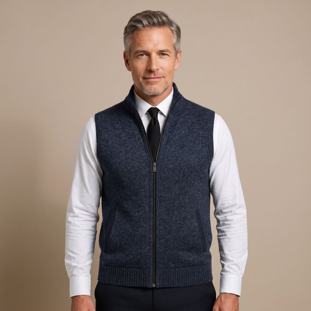Dravick | Men's Knit Sweater Vest Full-Zip - Navy - Image 1