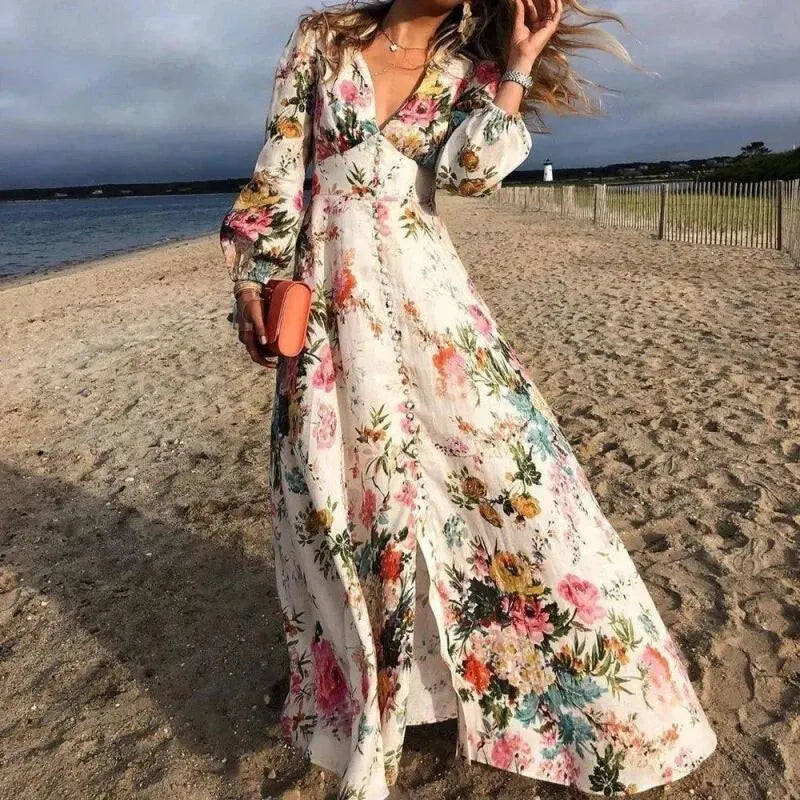 Elodie | Women's Floral V-Neck Long Sleeve Maxi Dress - Floral - Image 1