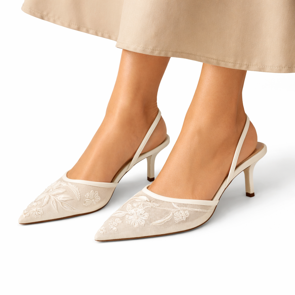 Elowen | Women's Floral Embroidered Slingback Kitten Heel - Cream - Image 1