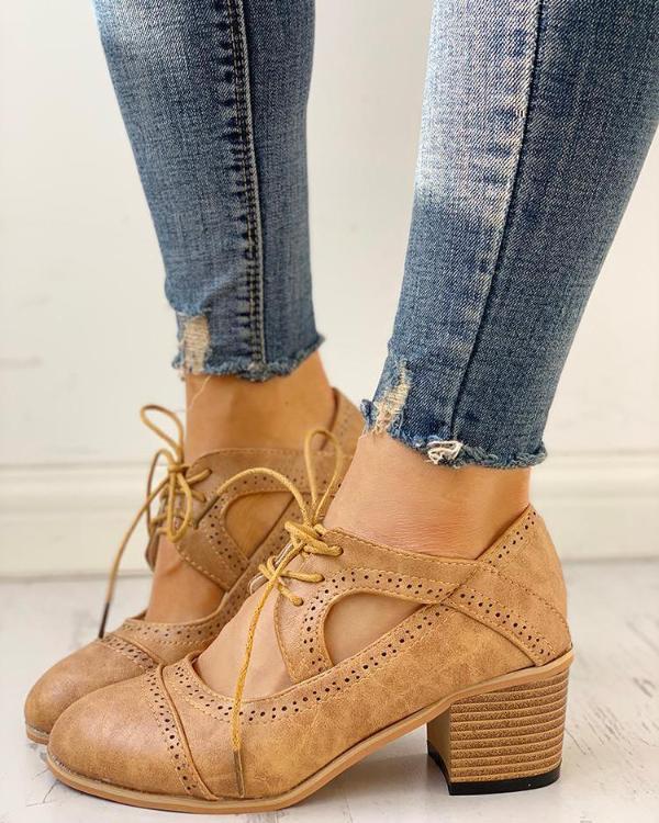 Elowen | Women's Lace-Up Block Heel Brogue Shoes - Camel - Image 1