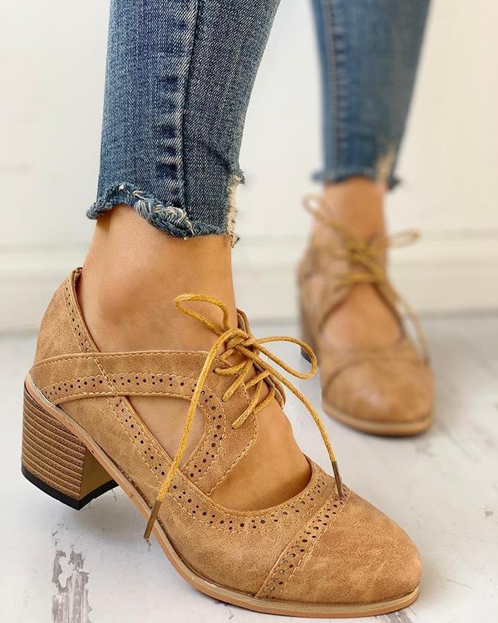 Elowen | Women's Lace-Up Block Heel Brogue Shoes - Camel - Image 2