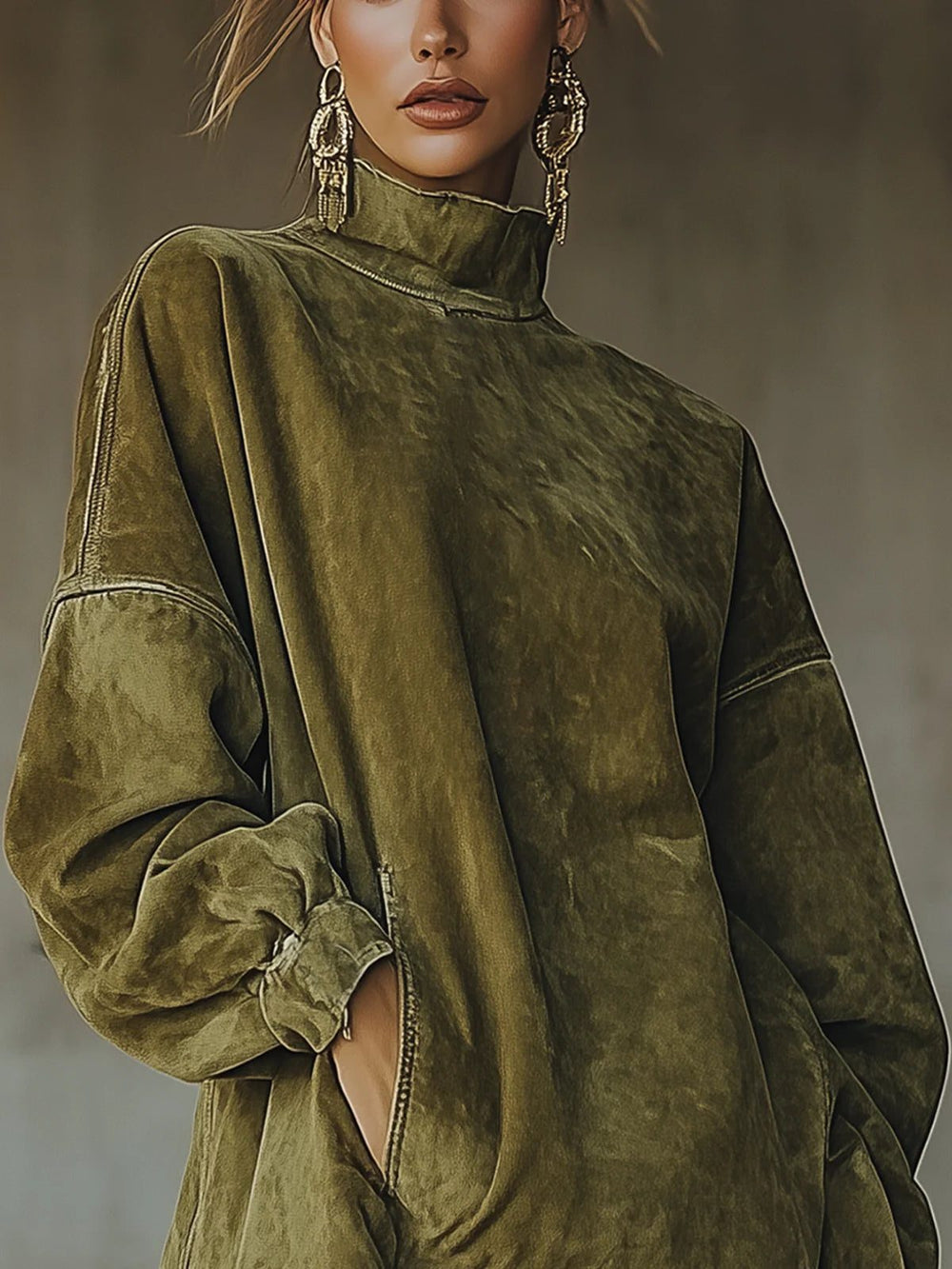 Elspeth | Women's Oversized Sweater Dress with Fringe Hem - Olive Green - Image 2