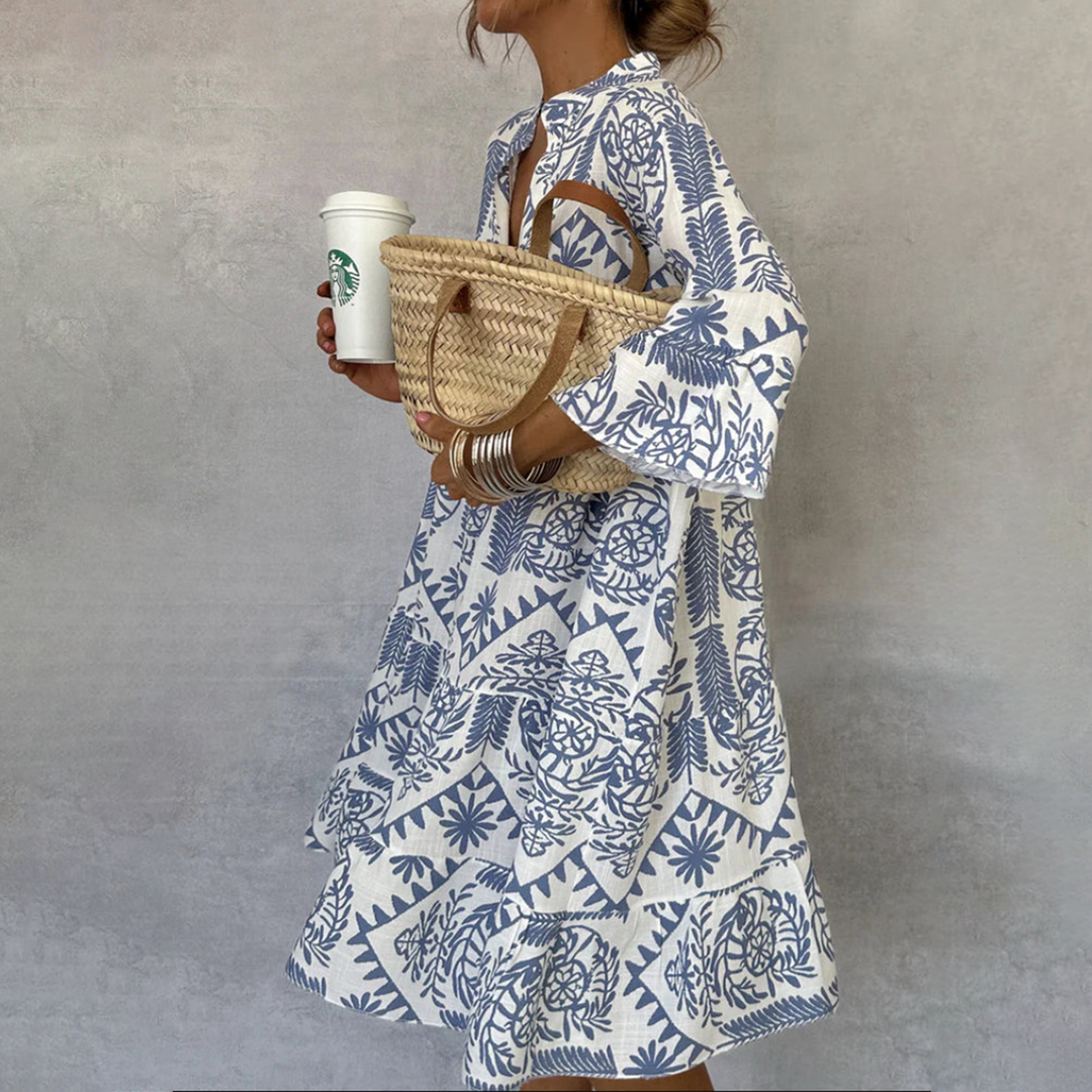 Elysia | Women's Boho Print V-Neck Midi Dress - Blue - Image 1