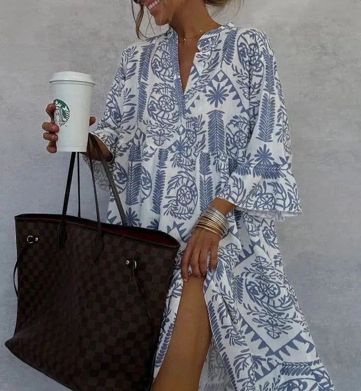 Elysia | Women's Boho Print V-Neck Midi Dress - Blue - Image 2
