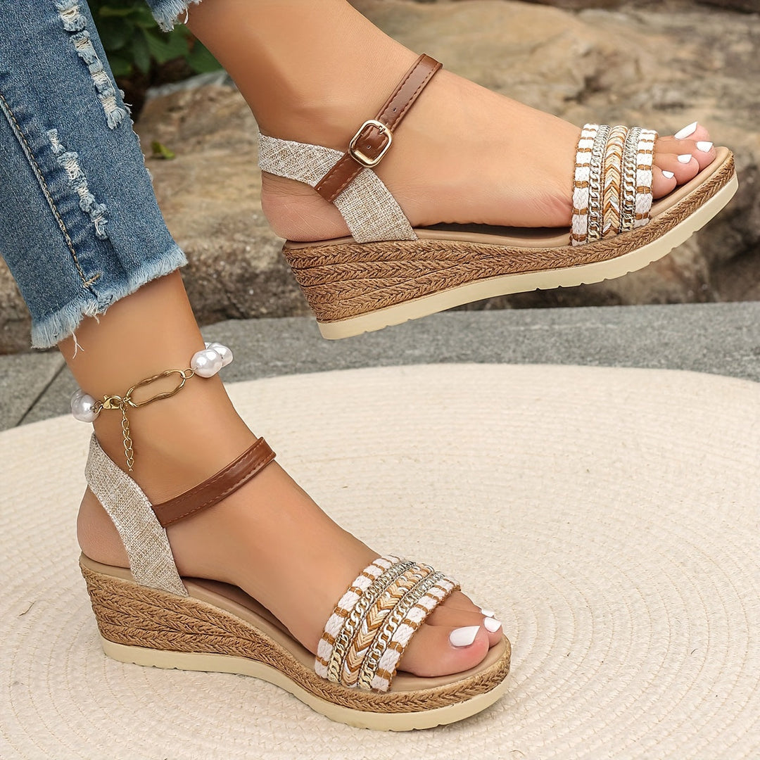 Elysia | Women's Chain Detail Cushioned Wedge Sandals - Beige - Image 1