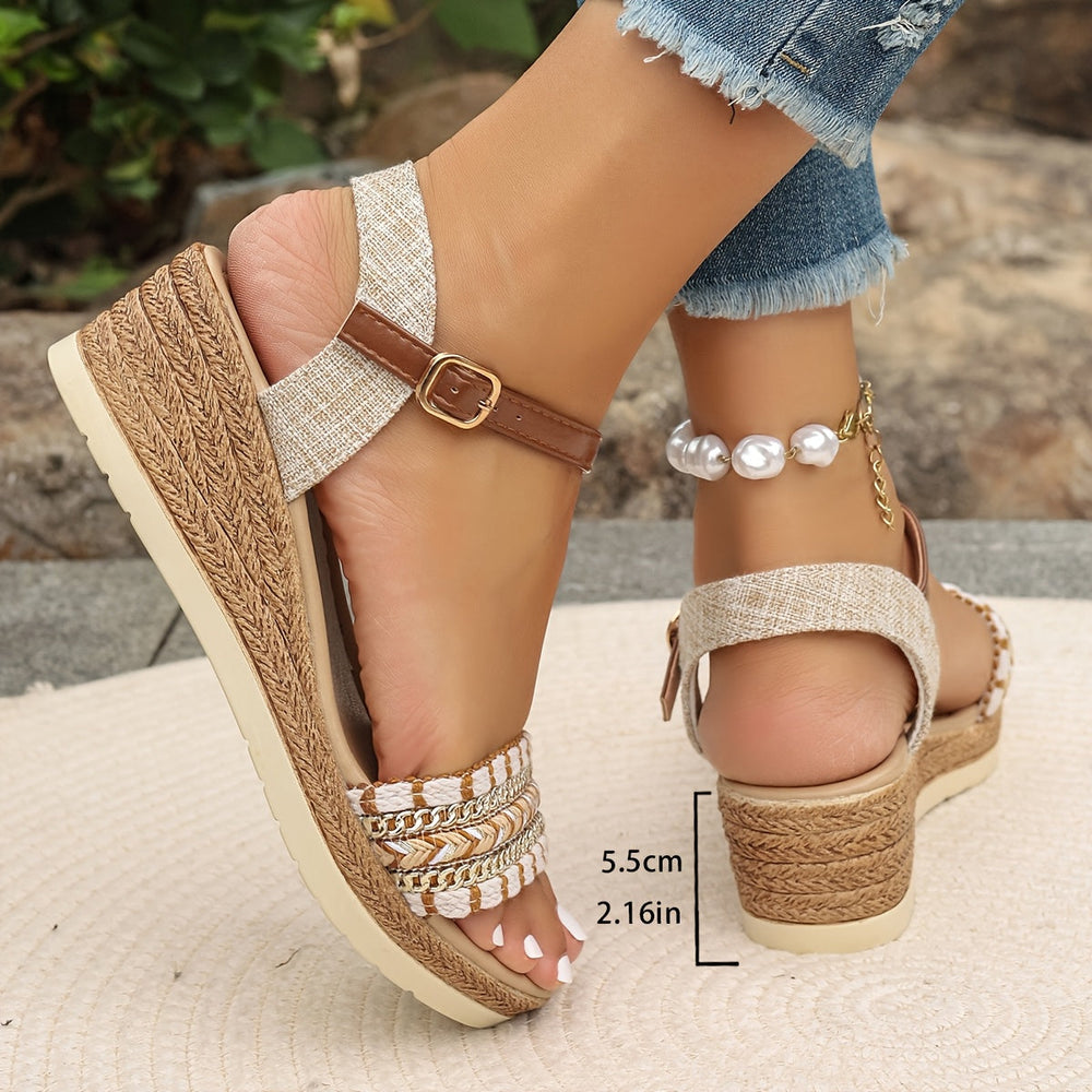 Elysia | Women's Chain Detail Cushioned Wedge Sandals - Beige - Image 2