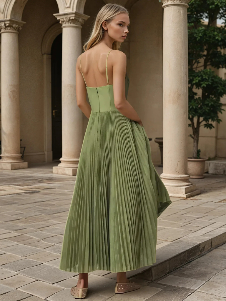 Esperanza | Women's Pleated Strapless Maxi Dress - Green - Image 2