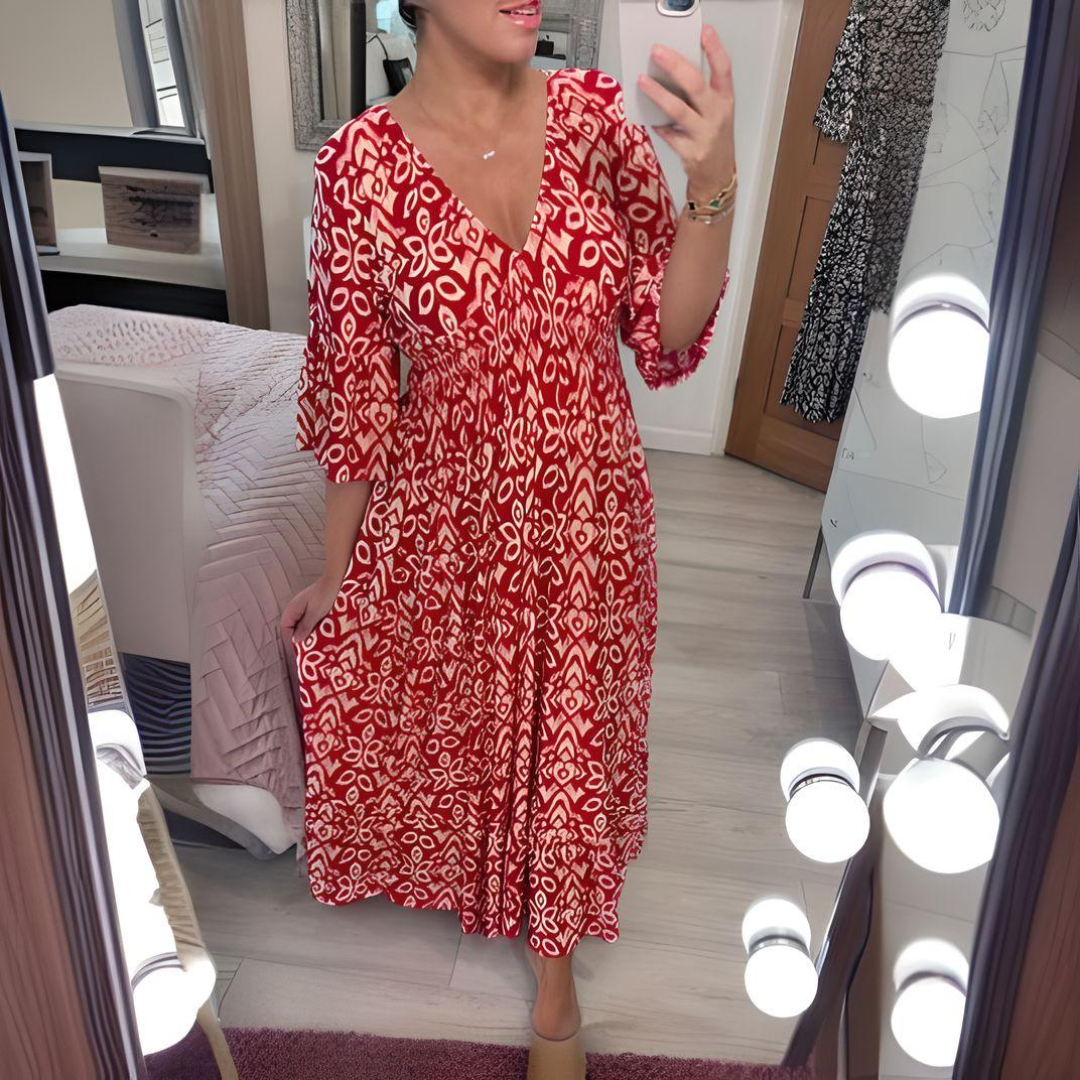 Estelle | Women's V-Neck Printed Midi Dress - Image 1
