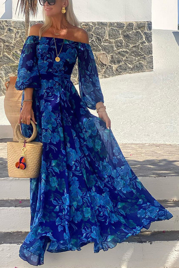 Estienne | Women's Off Shoulder Floral Long Sleeve Maxi Dress - Blue - Image 1