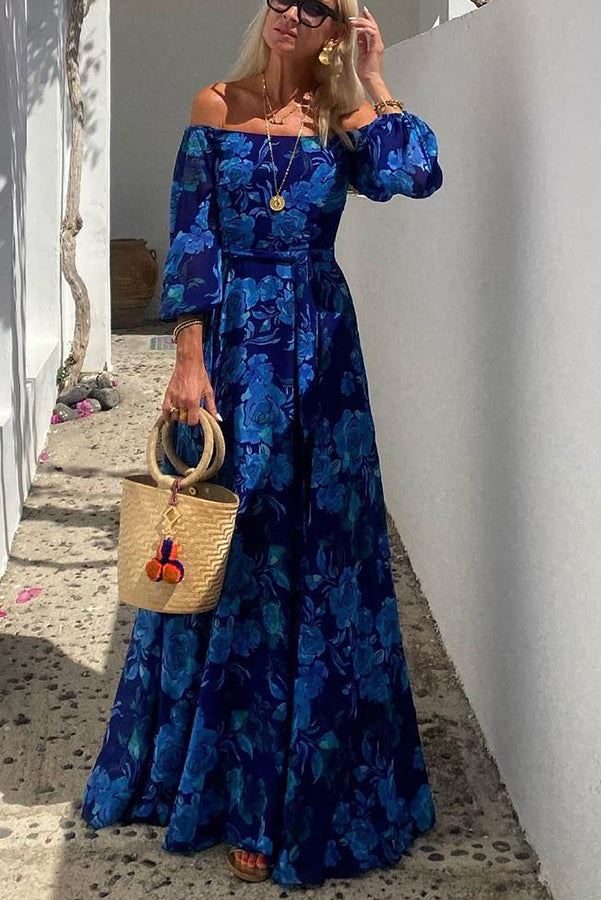 Estienne | Women's Off Shoulder Floral Long Sleeve Maxi Dress - Blue - Image 2