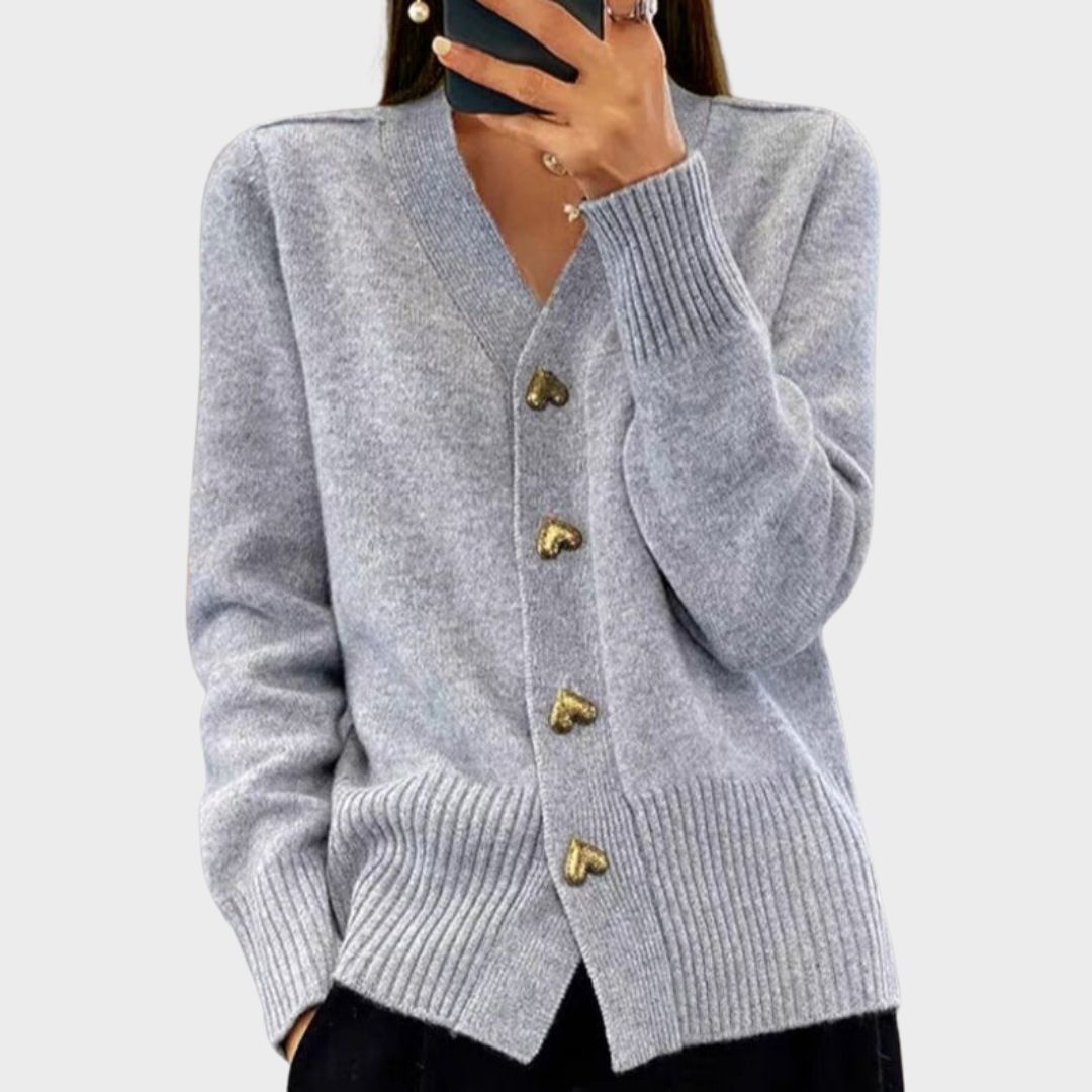 Evelyn | Women's Heart Button V-Neck Cardigan - Image 1