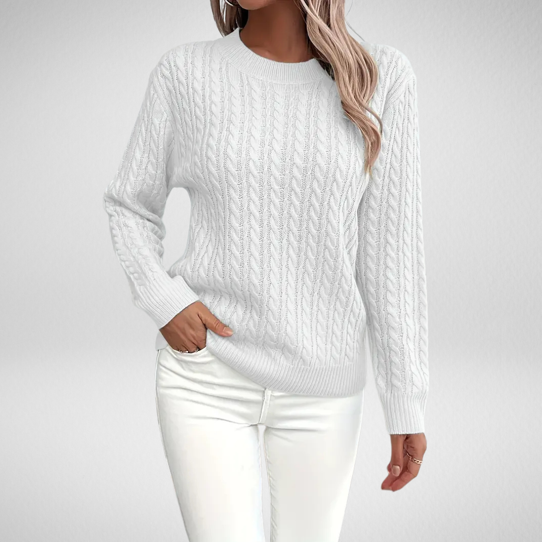 Fenara | Women's Cable Knit Crew Neck Sweater - White - Image 1