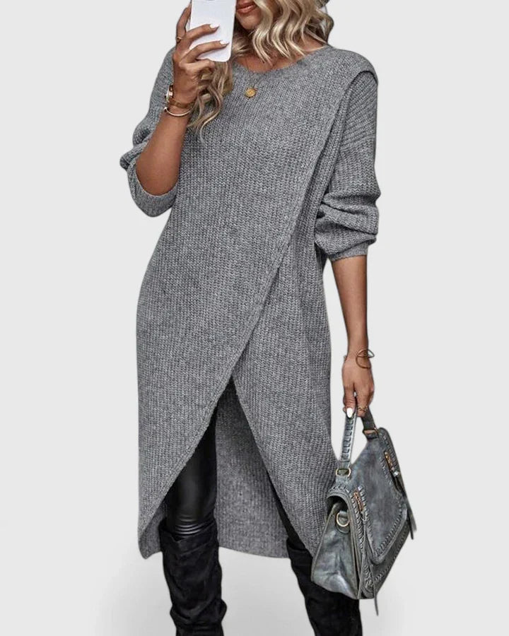 Fenella | Women's Knit Sweater Dress with Wrap Hem - Grey - Image 1