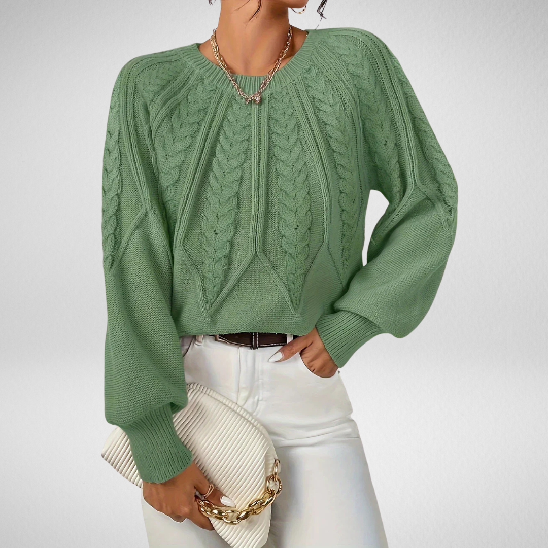 Fennara | Women's Cable Knit Crew Neck Sweater - Sage - Image 1
