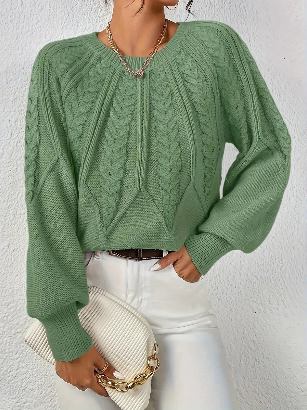 Fennara | Women's Cable Knit Crew Neck Sweater - Sage - Image 2