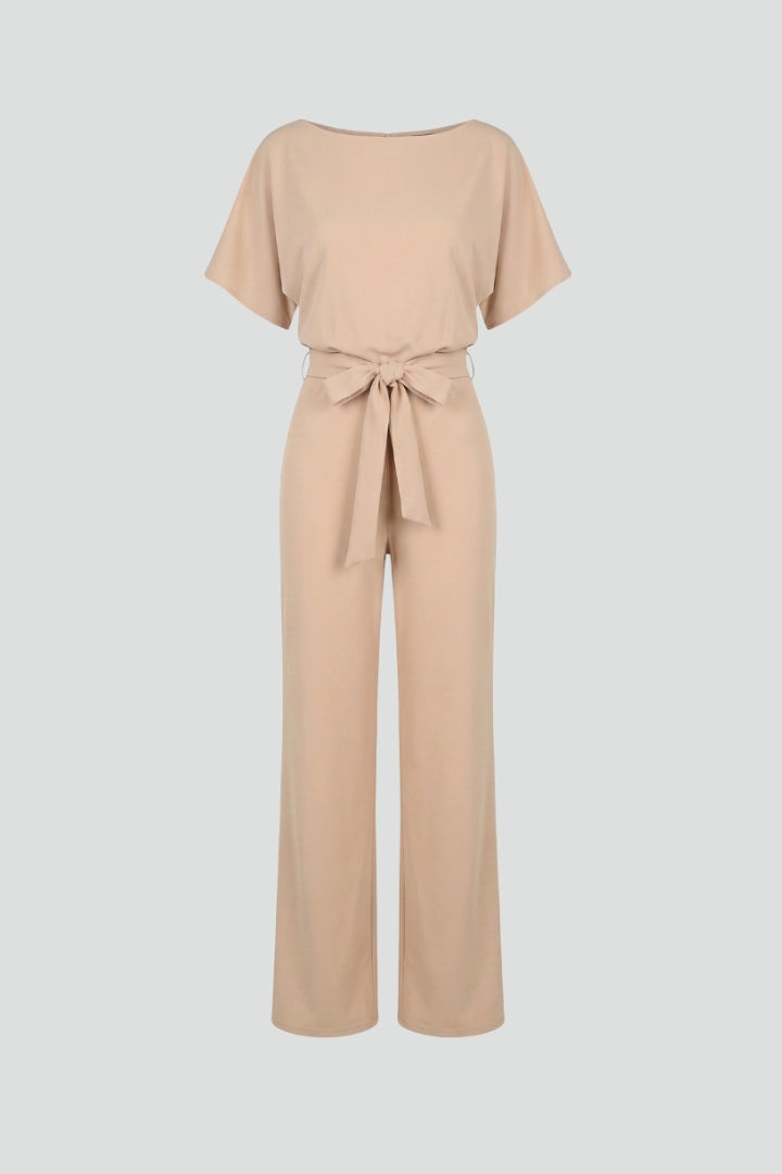 Fiona | Women's Wide Leg Tie Waist Short Sleeve Jumpsuit - Beige - Image 1