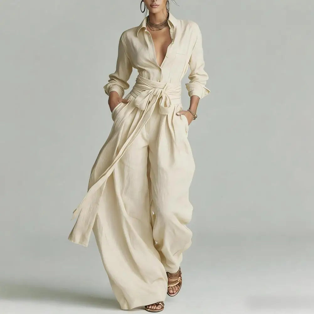 Flavia | Women's Collared Wide Leg Co-Ord Set - Cream - Image 1