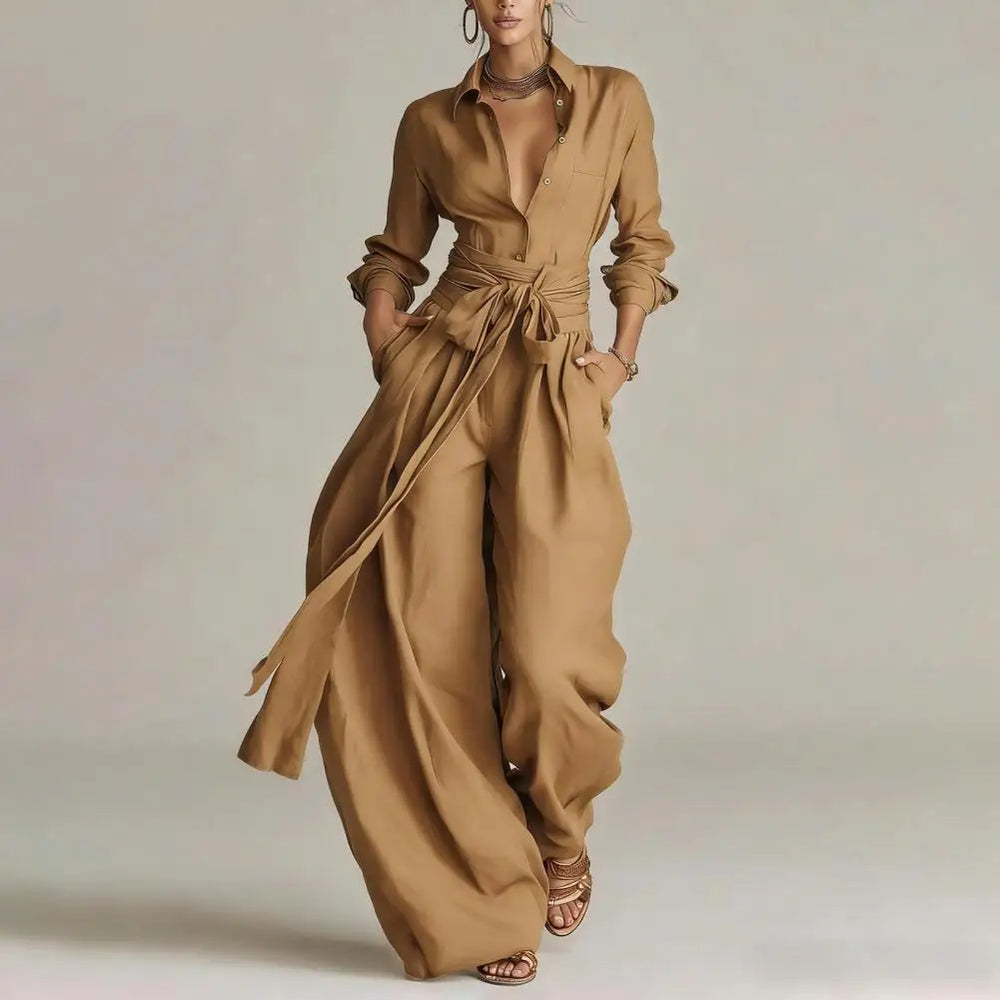 Flavia | Women's Collared Wide Leg Co-Ord Set - Cream - Image 2