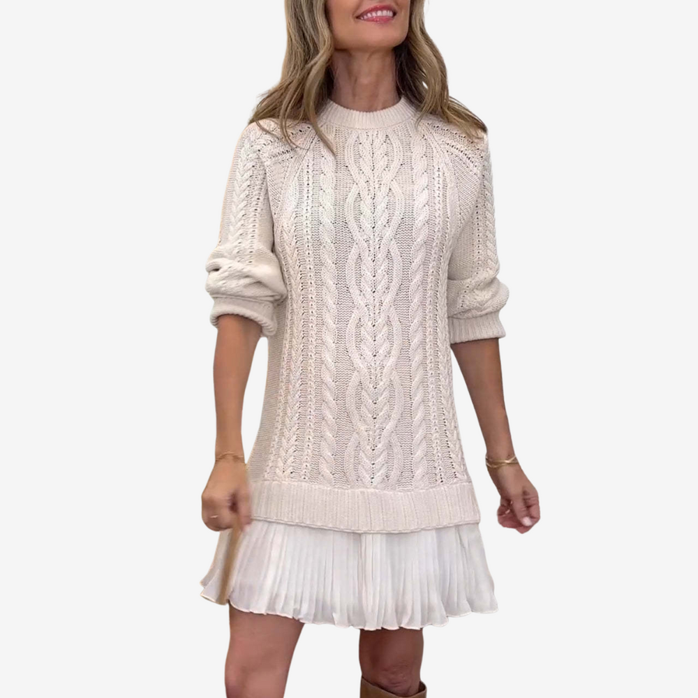 Fleur | Women's Cable Knit Sweater Dress with Pleated Hem - Cream - Image 2