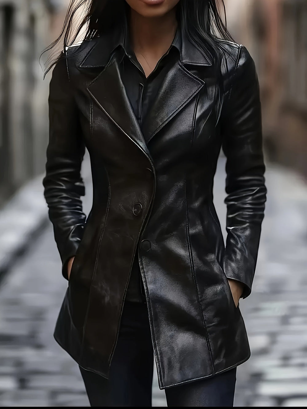 Floravan | Women's Leather Trench Coat Slim Fit - Black - Image 2