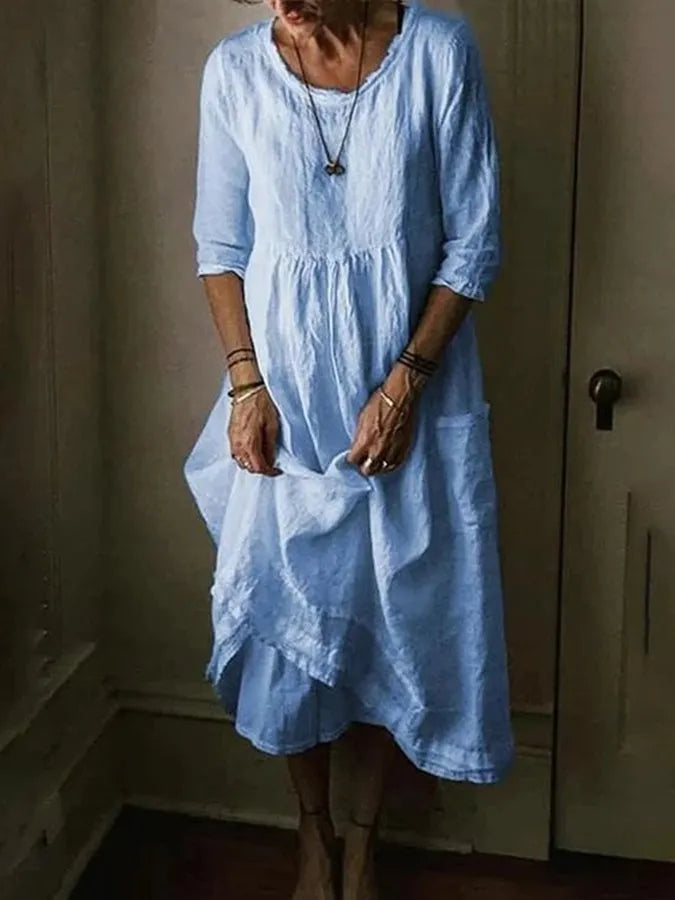Florene | Women's Round Neck 3/4 Sleeve Loose Midi Dress - Light Blue - Image 1