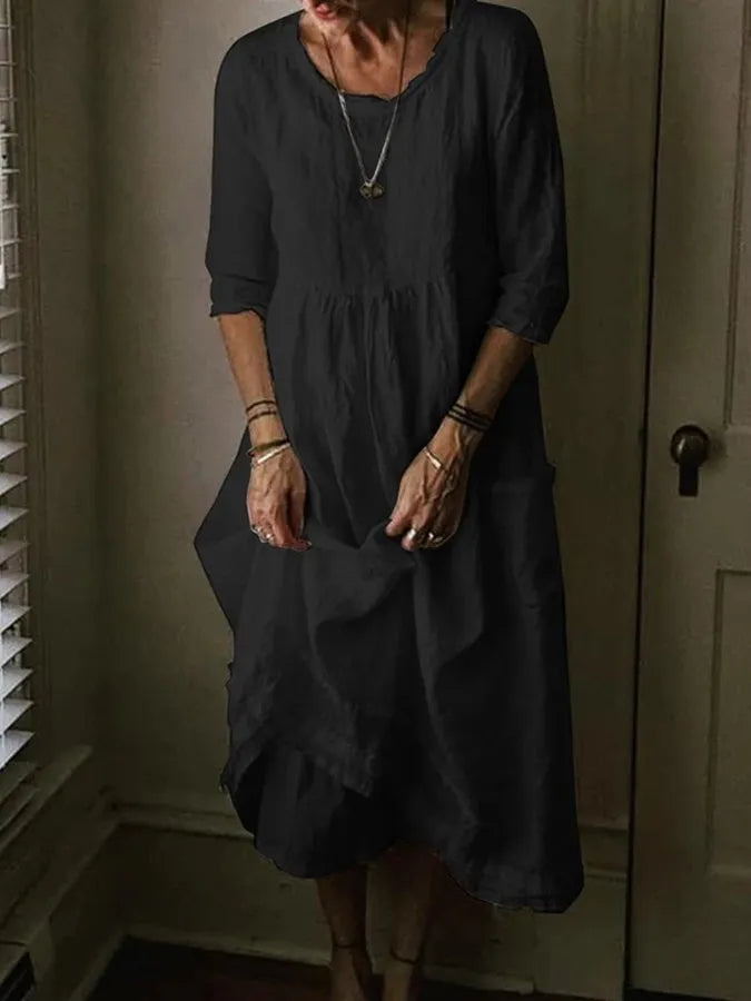 Florene | Women's Round Neck 3/4 Sleeve Loose Midi Dress - Light Blue - Image 2