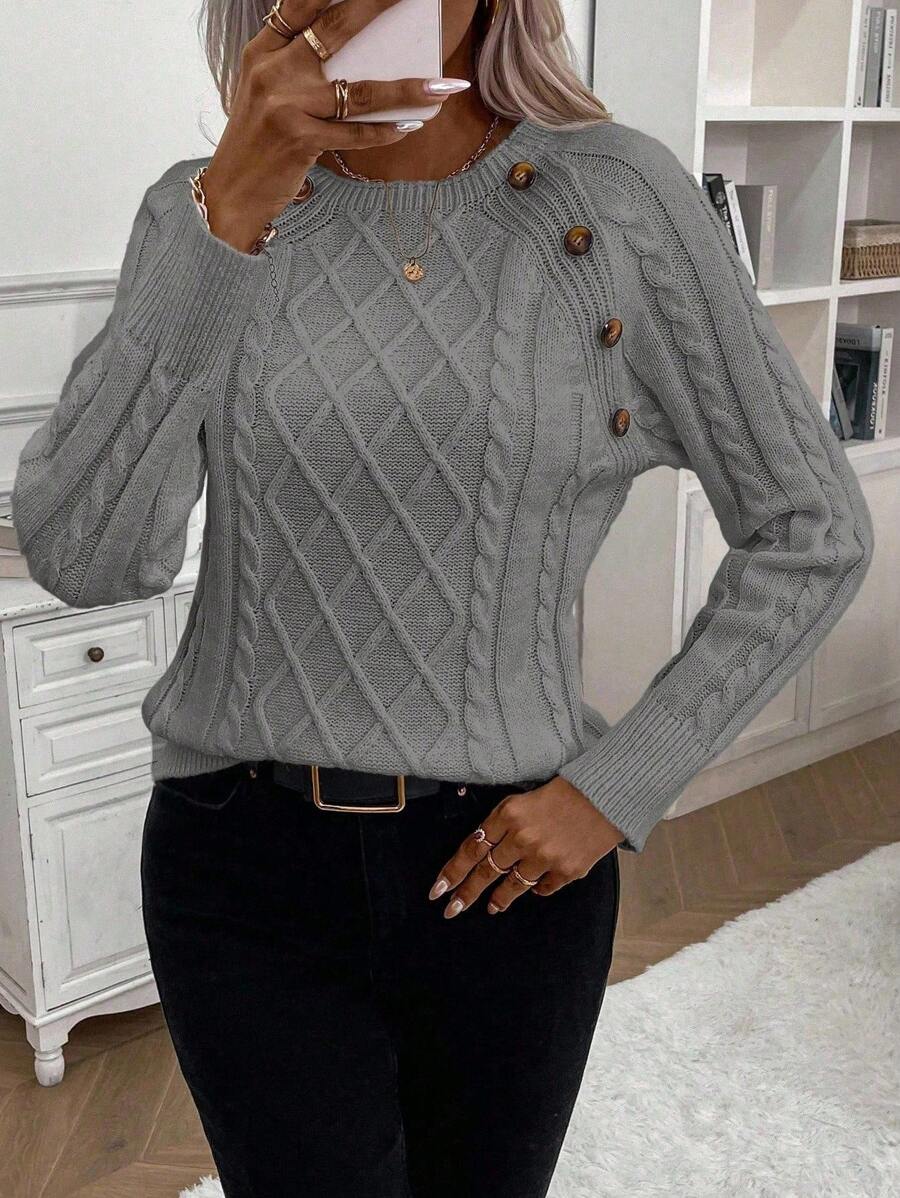 Florentina | Women's Button Detail Cable Knit Sweater - Image 2