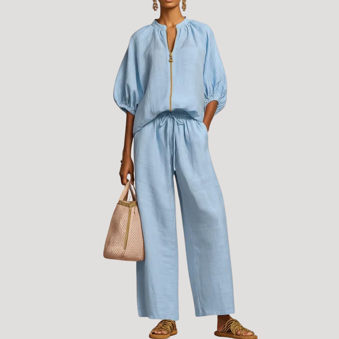 Florentine | Women's Two Piece Wide Leg Pants Set - Light Blue - Image 1