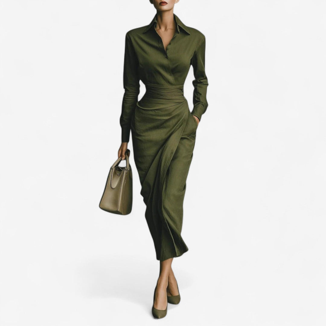Francesca | Women's Collared Long Sleeve Wrap Dress - Green - Image 1