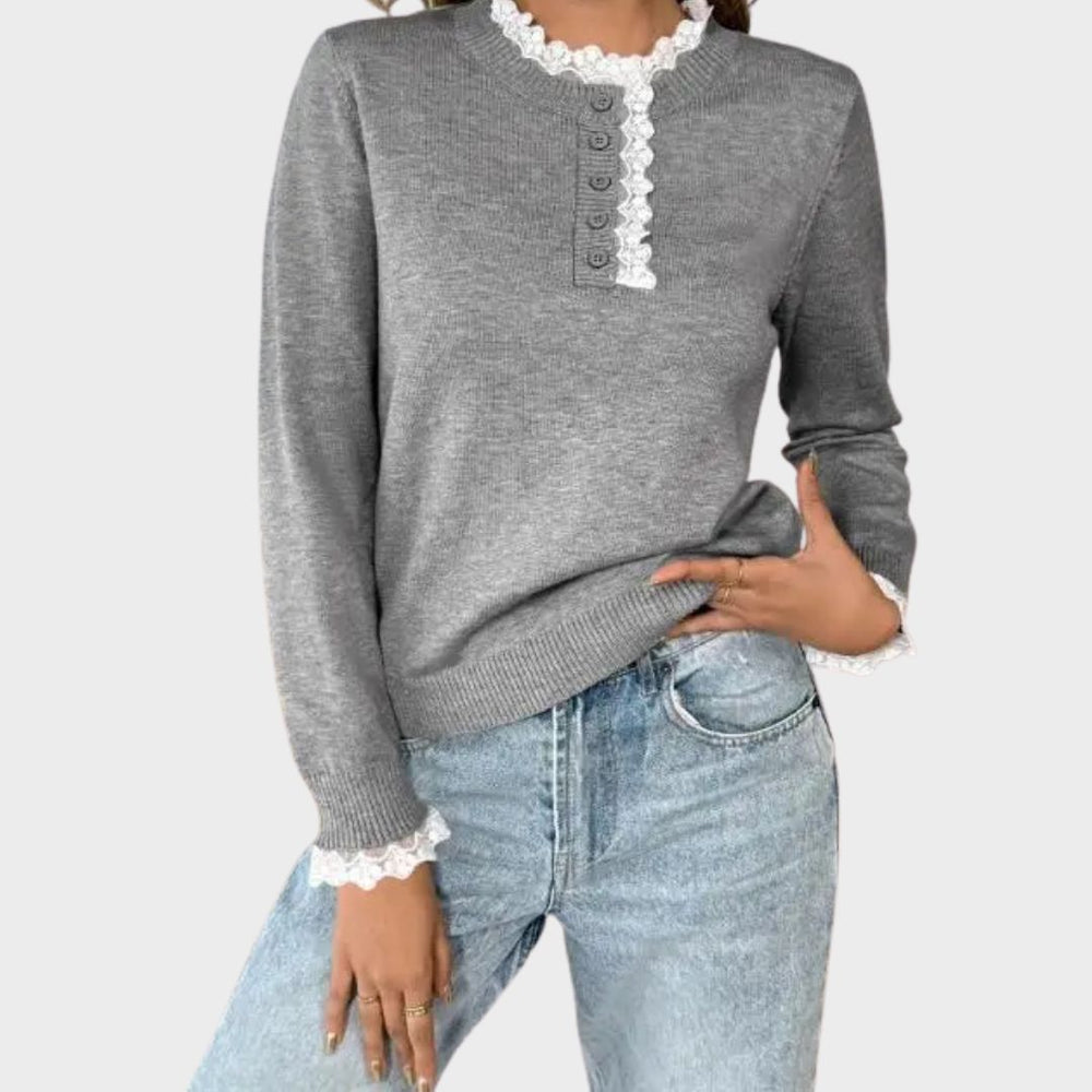Francine | Women's Lace Trim Long Sleeve Sweater - Grey - Image 2