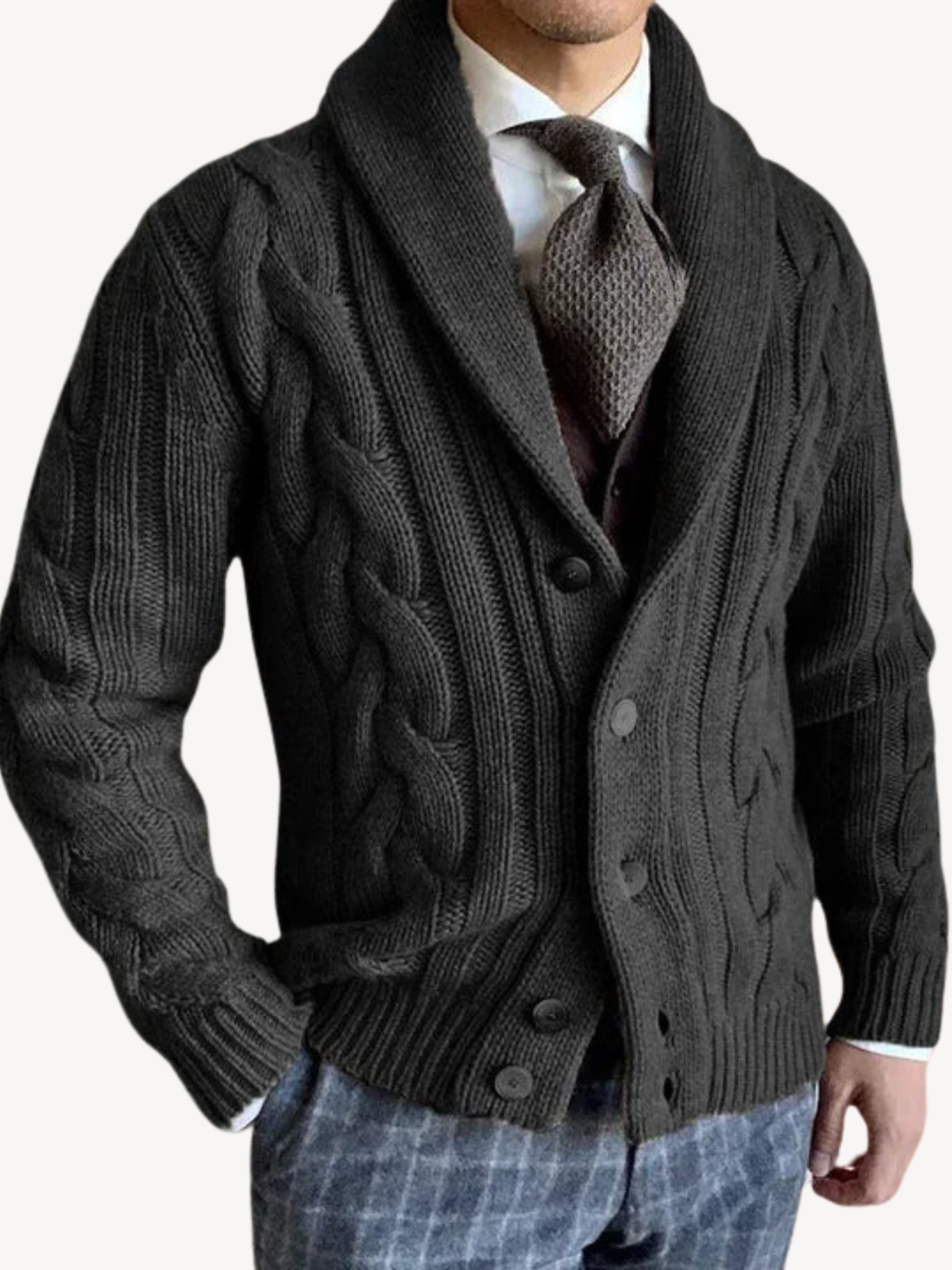 Gawain | Men's Cable Knit Shawl Collar Cardigan - Dark Grey - Image 1