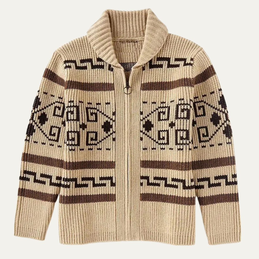 Gideon | Men's Patterned Zip-Up Cardigan - Cream - Image 2