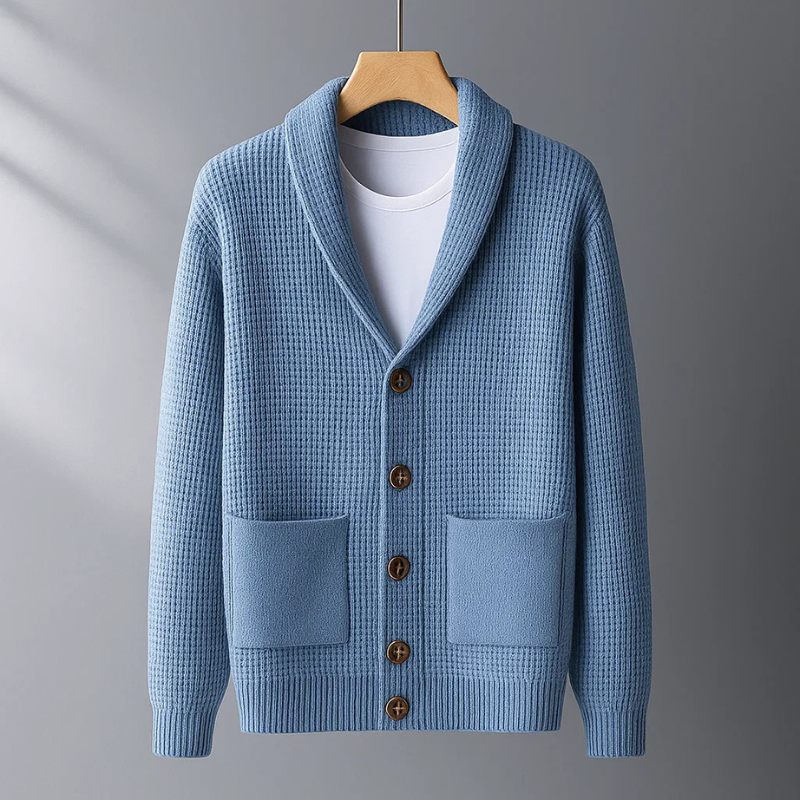 Grantham | Men's Shawl Collar Knit Cardigan - Light Blue - Image 2