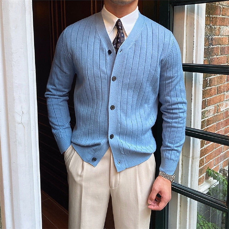 Grantley | Men's Ribbed V-Neck Button Cardigan - Light Blue - Image 1